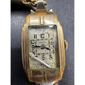 Vintage Venus Art Deco Tank Women's Mechanical Watch Gold Tone Stretch Band